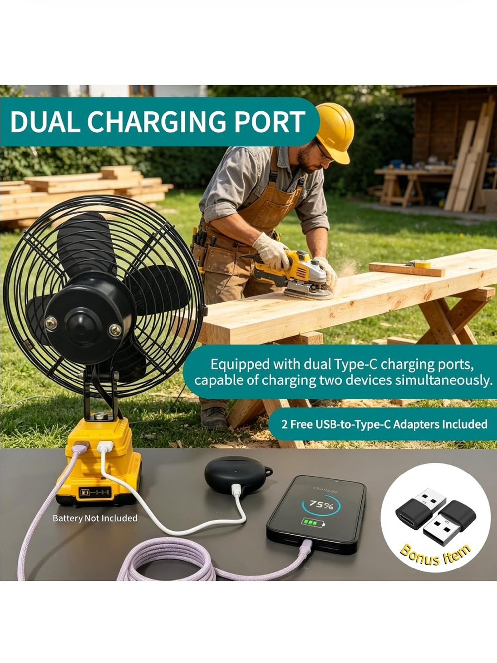 Yellow Portable Battery-Powered Work Fan - no battery. NIB - Picture 4 of 6